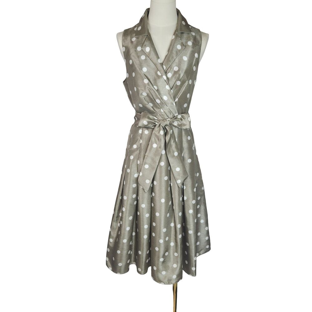 Jessica Howard Taupe White Polka Dot Midi Dress Women's 6 Sleeveless Retro 50s